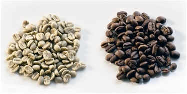 green and roasted coffee beans